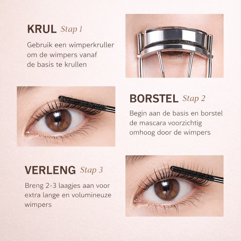 3D Curl & Volume Mascara met Metalen Borstel – Waterproof & Veegvast